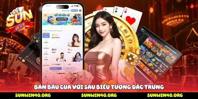 Bàn bầu cua với sáu biểu tượng đặc trưng